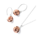 Fortune Cookie necklace and earring set in textured copper and sterling silver