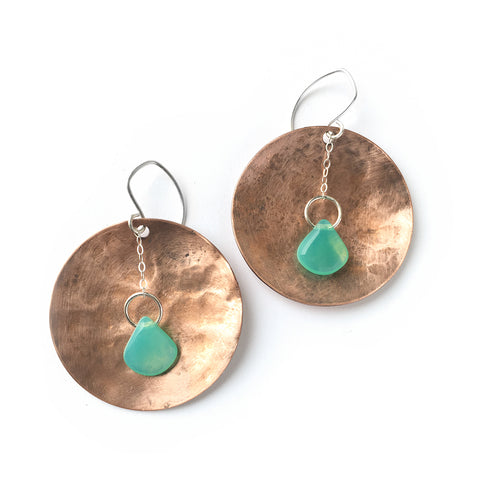 Boho shield disc earrings in sterling silver and copper with teal drops