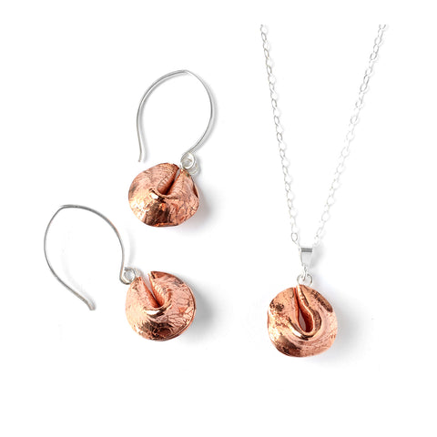 Fortune Cookie necklace and earring set in textured copper and sterling silver