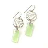 Green and Silver matte glass earrings with titanium hypoallergenic ear wires