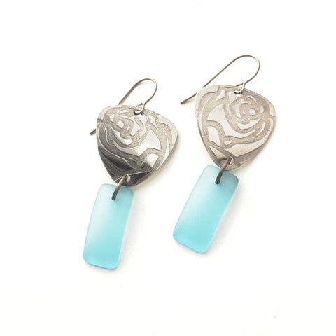 Roses light blue matte glass silver earrings