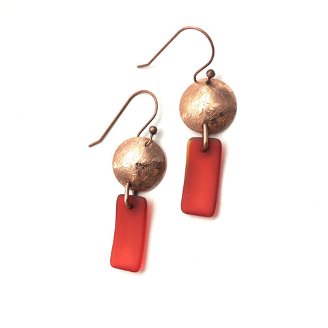 Autumn leaves red matte glass and copper earrings