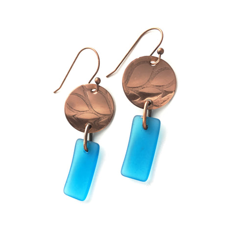 Caribbean blue and copper matte glass earrings