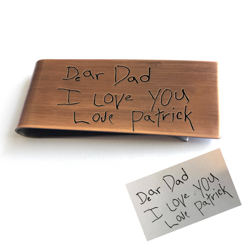 Father's Day money clip with child's handwriting on back